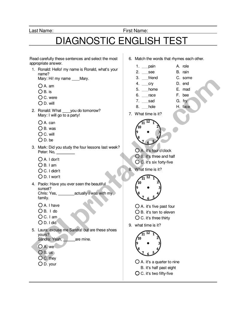 Diagnostic Test worksheet