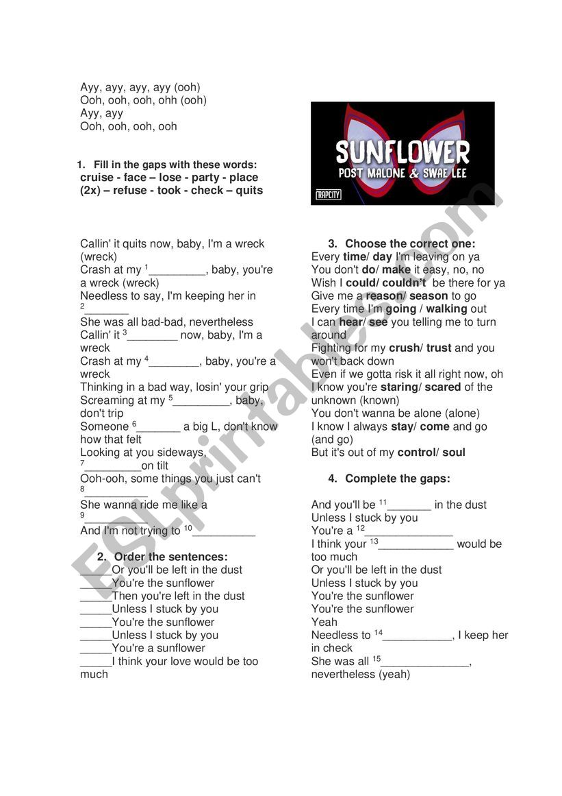 Song Sunflower, Post Malone worksheet