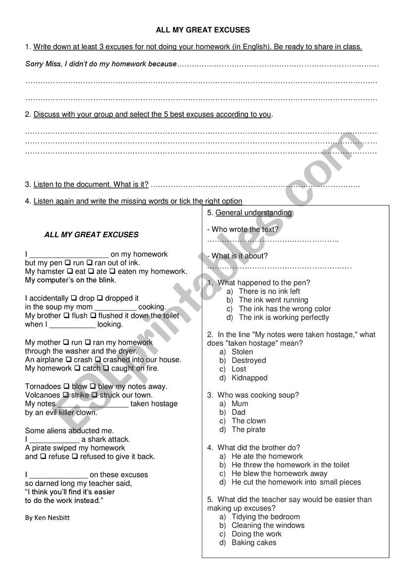 All my great excuses worksheet