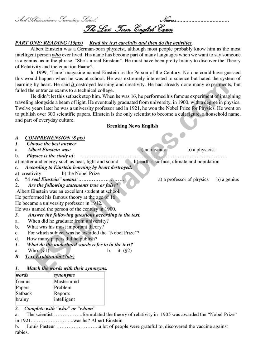 eistein exam 1 year  worksheet