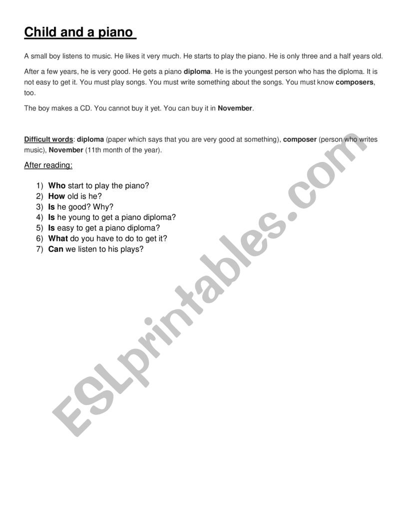 Child and a piano worksheet