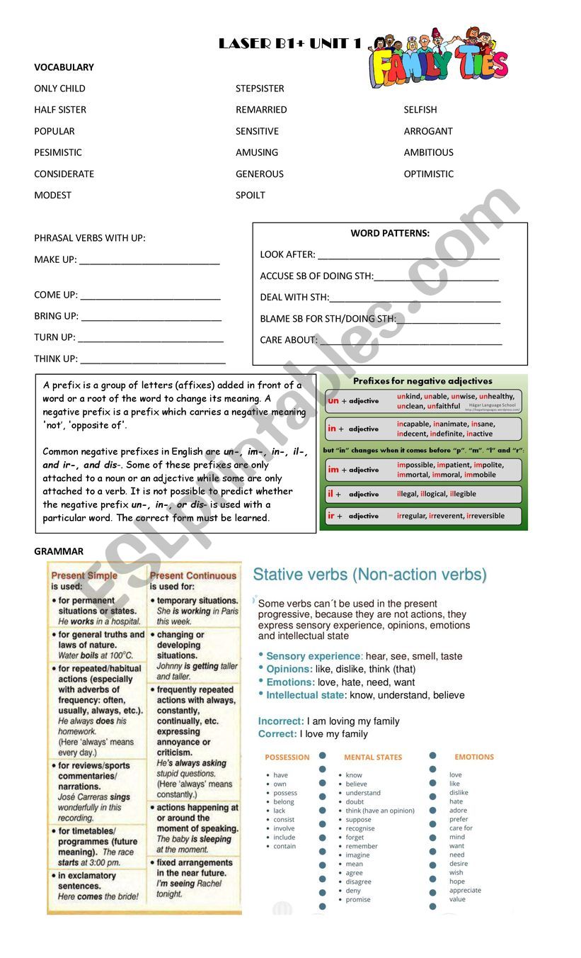 Laser B1+ Unit 1 Family Ties worksheet