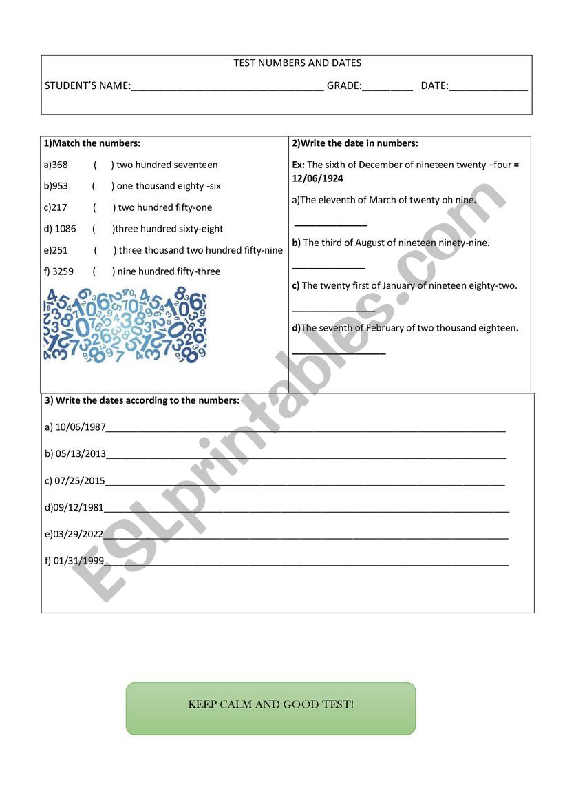 Test numbers worksheet