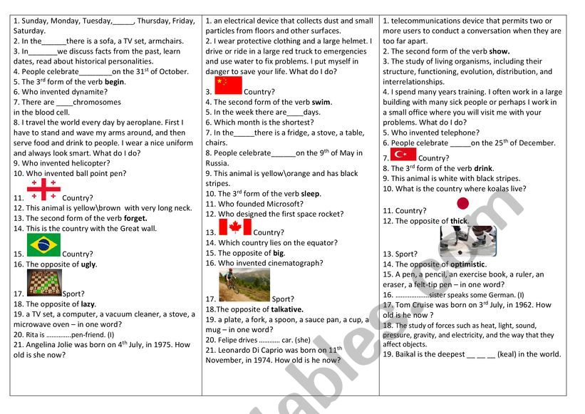 Warming up quiz  worksheet