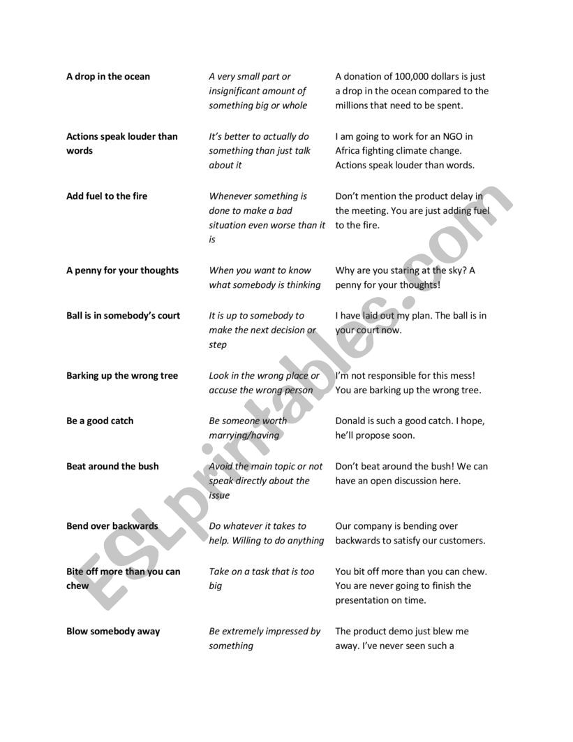 Most common idioms worksheet