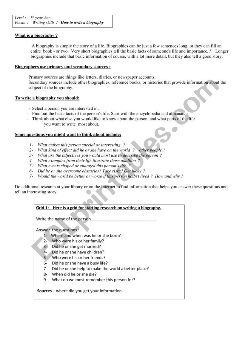 how to write a biography  worksheet