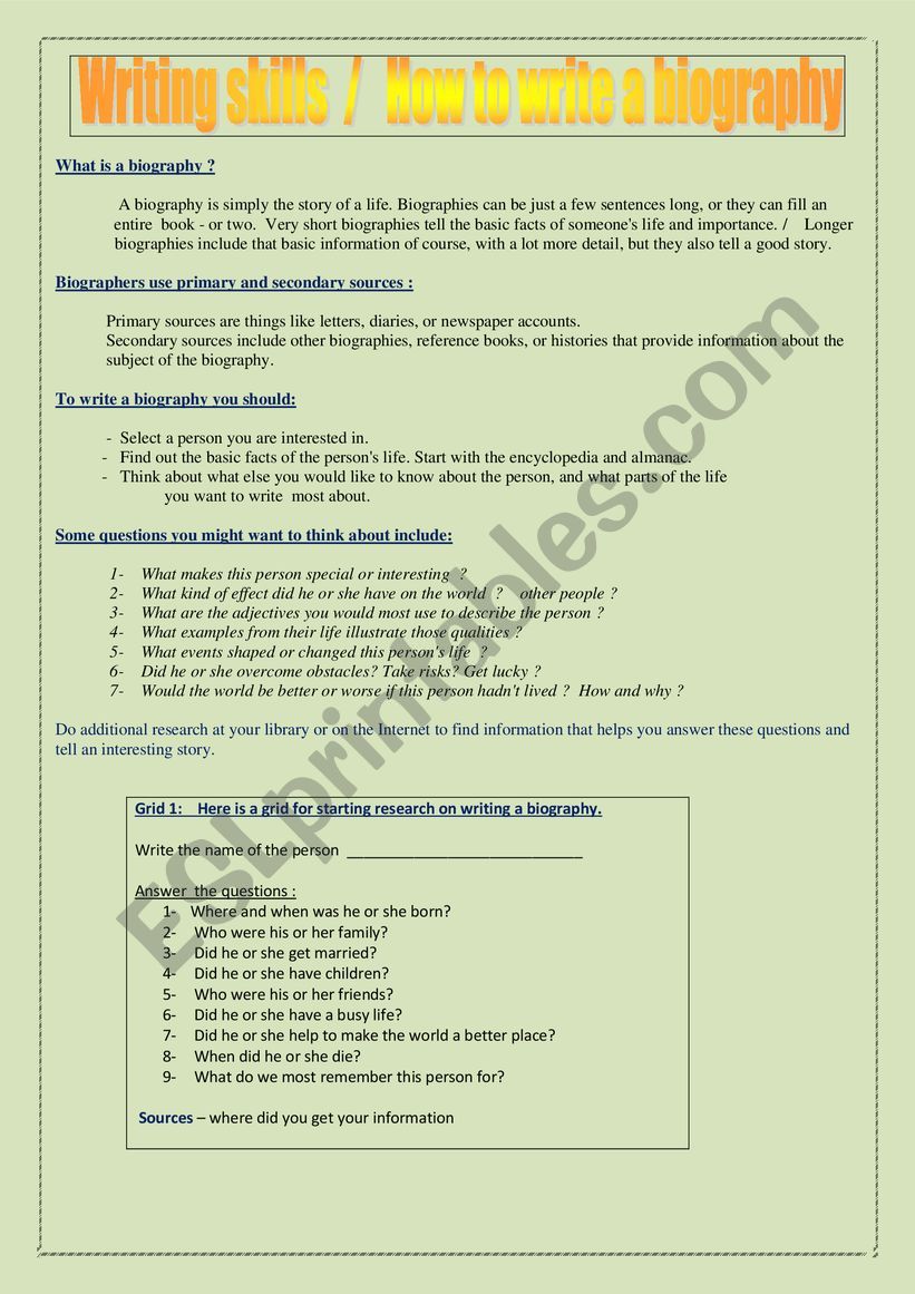 how to write a biography  worksheet