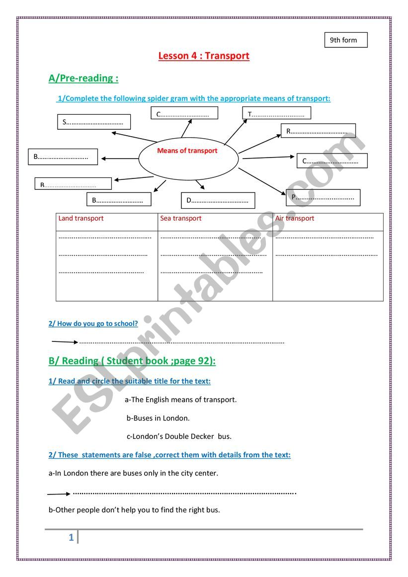 Lesson 4: Transport worksheet