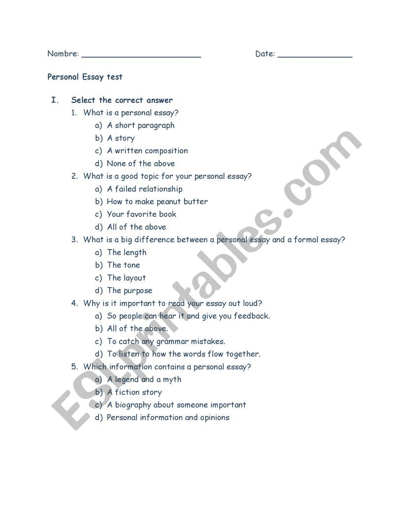 Personal Essay test worksheet