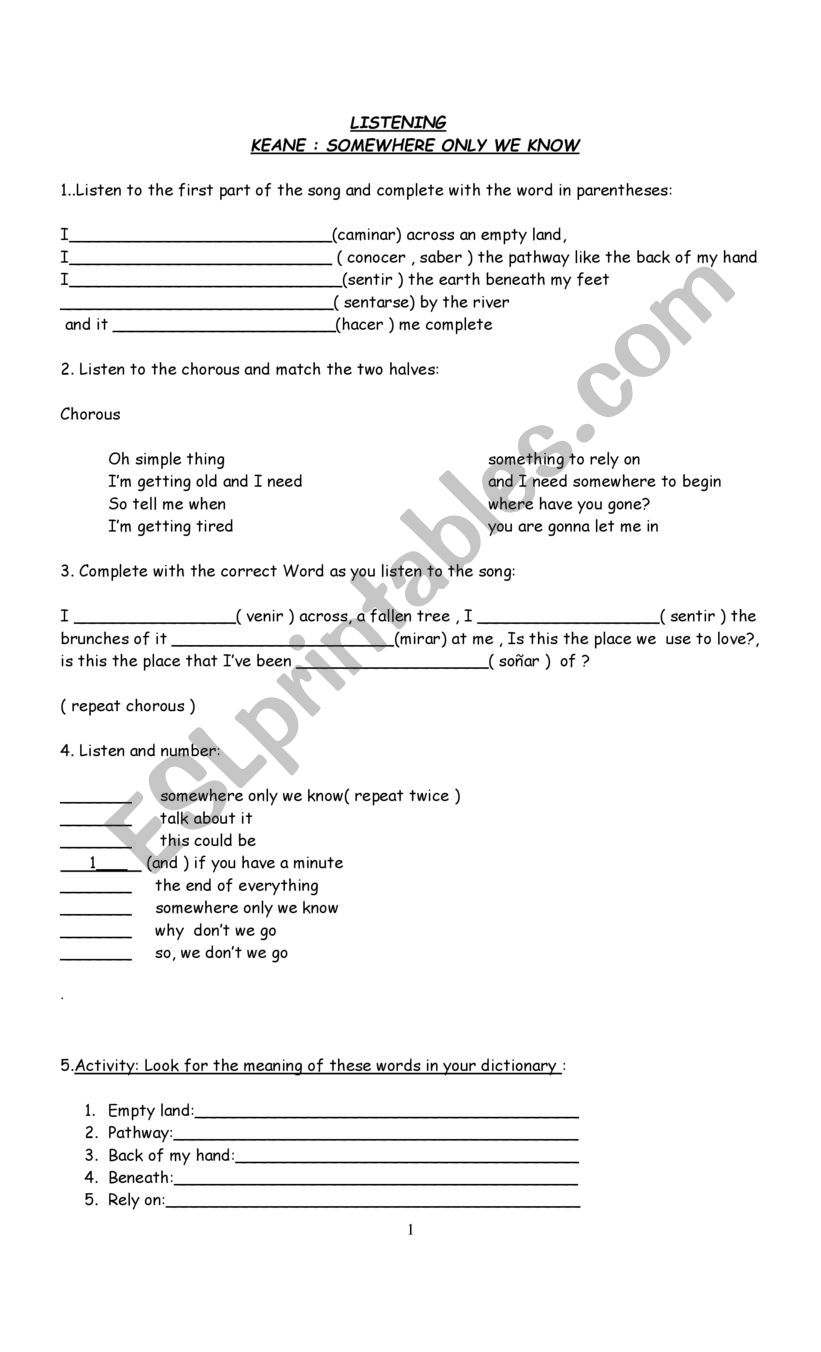 SONG: KEANE worksheet