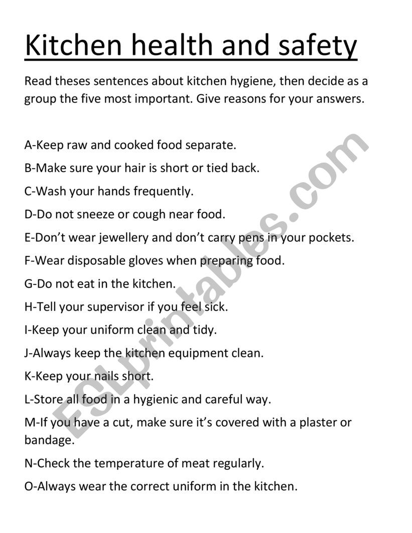 Kitchen hygiene and safety rules.