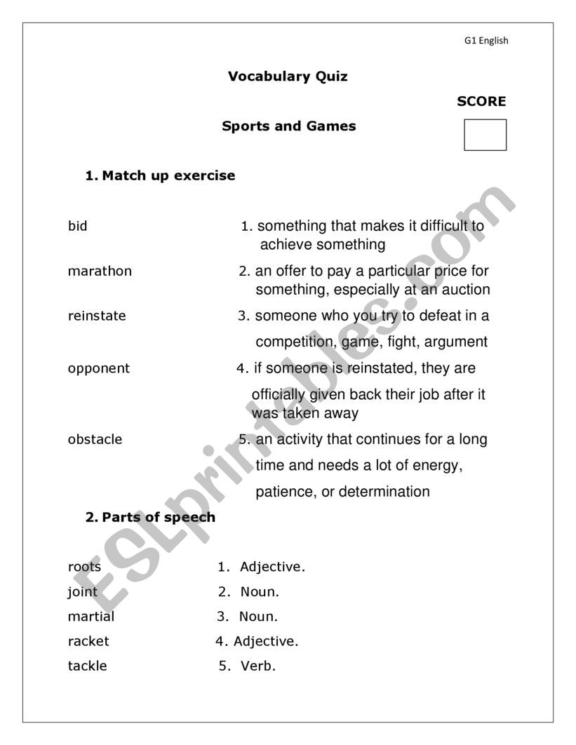 vocab quiz about sports worksheet
