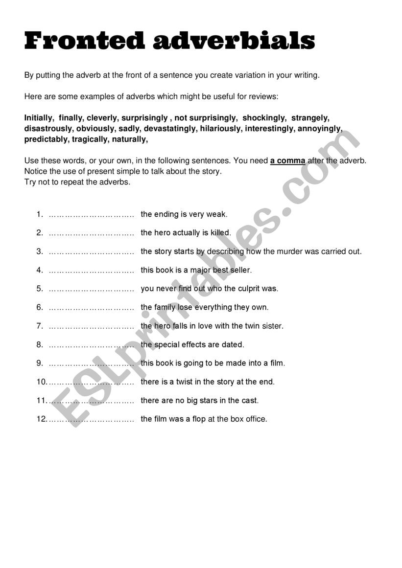 Fronted adverbials for writing reviews FCE CAE CPE