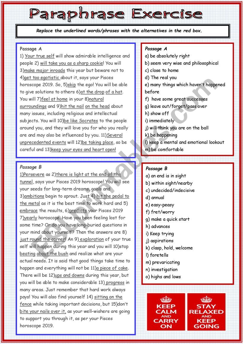 Paraphrase activity worksheet