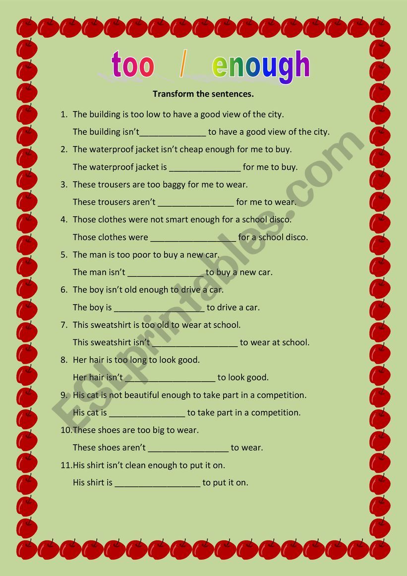 Too /  Enough and adjectives worksheet