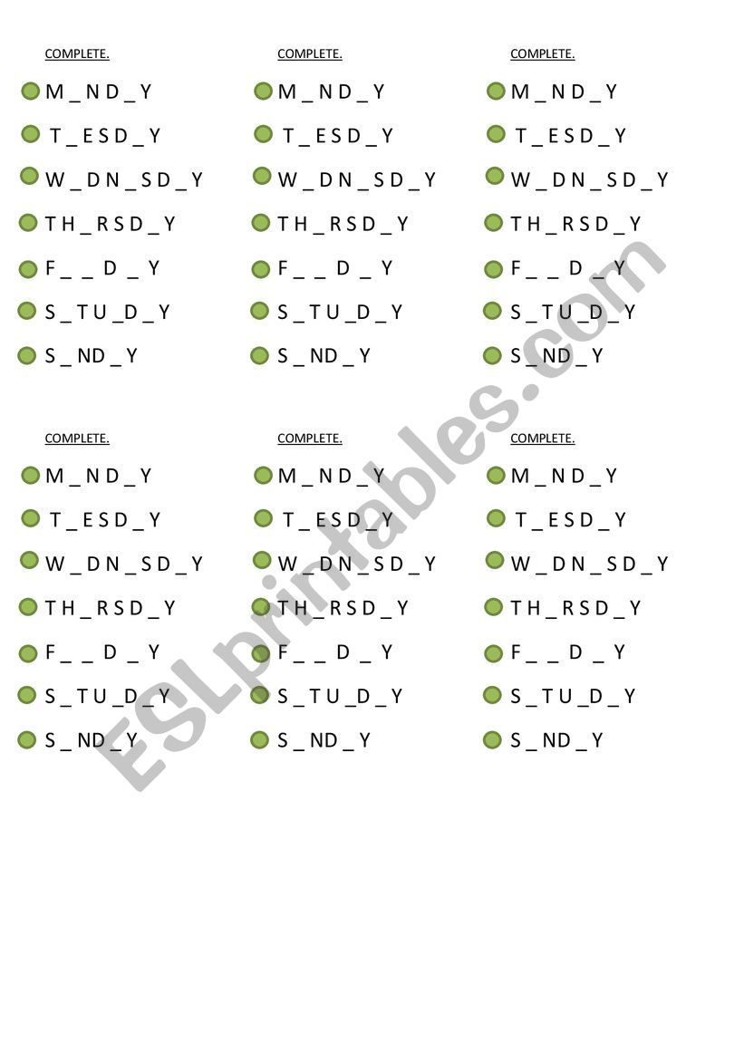 Complete - Days of the week worksheet
