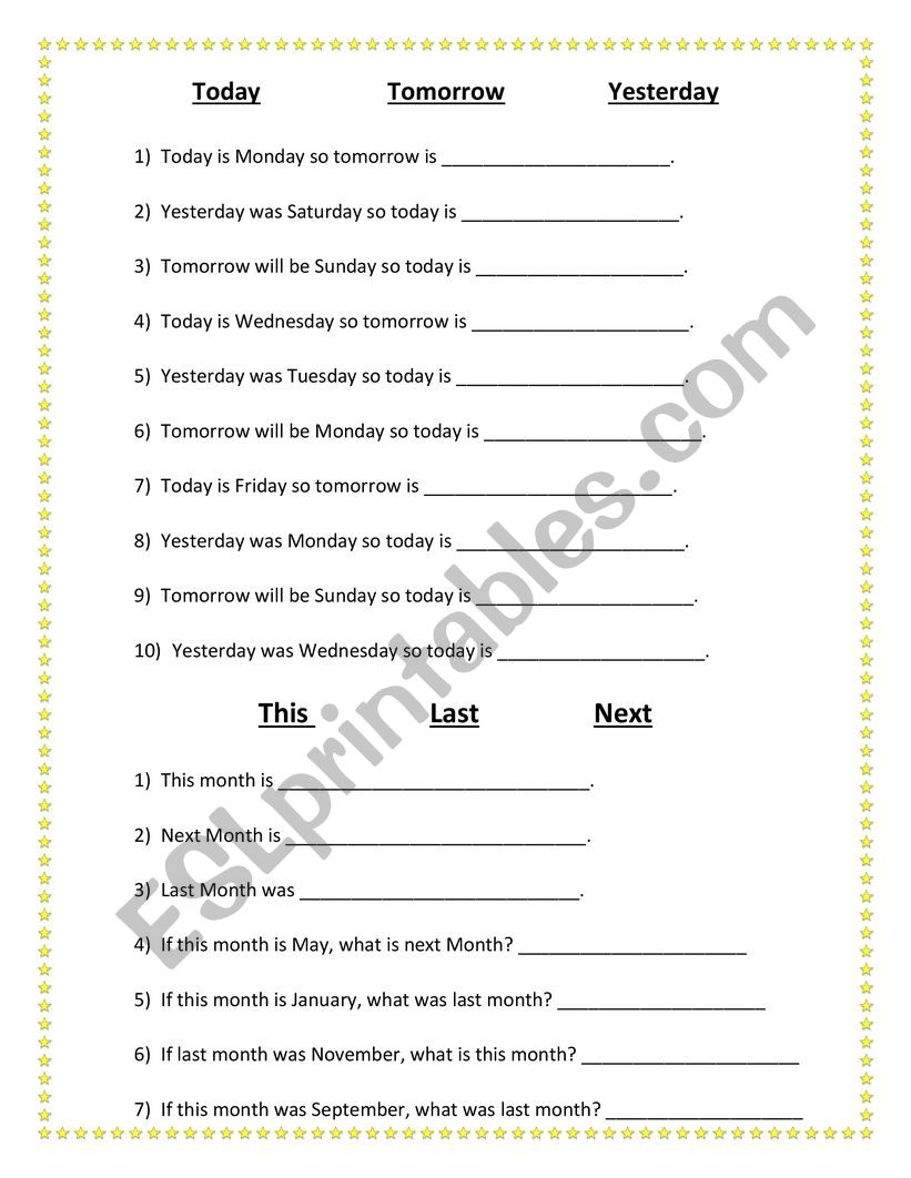 TODAY, TOMORROW, YESTERDAY  worksheet
