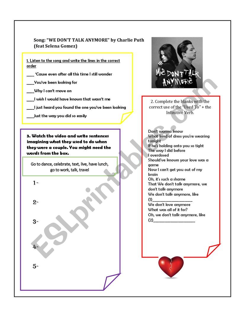 We Dont Talk Anymore  song Worksheet