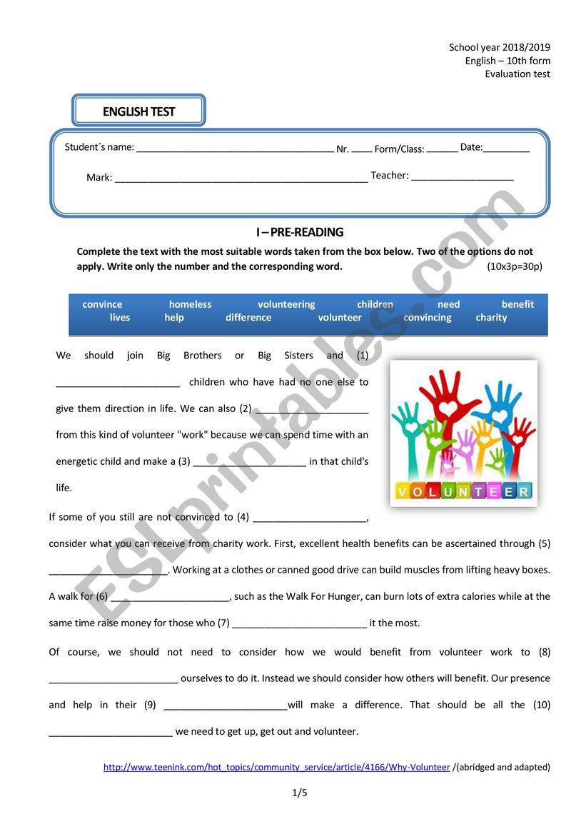 English test 10th form  worksheet