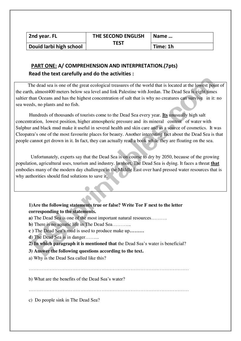 The Dead Sea worksheet