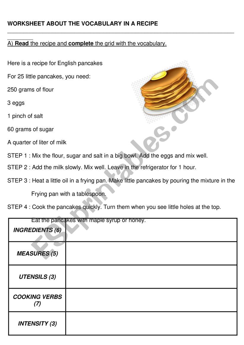 PANCAKES RECIPE READING worksheet