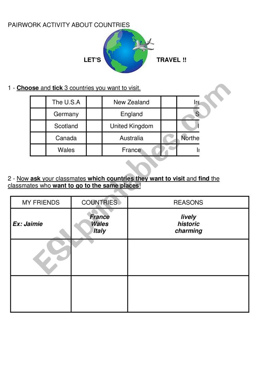 PAIRWORK ABOUT VISITING COUNTRIES