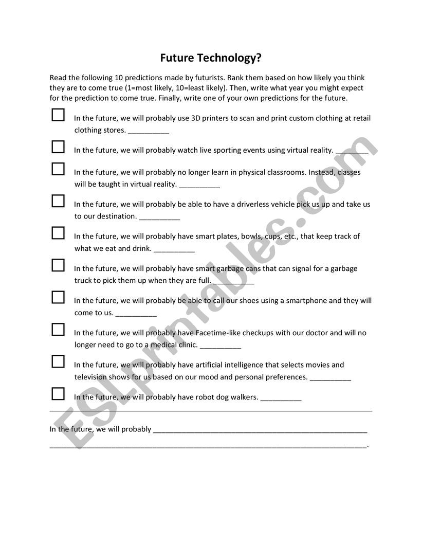 Future Technolgy worksheet
