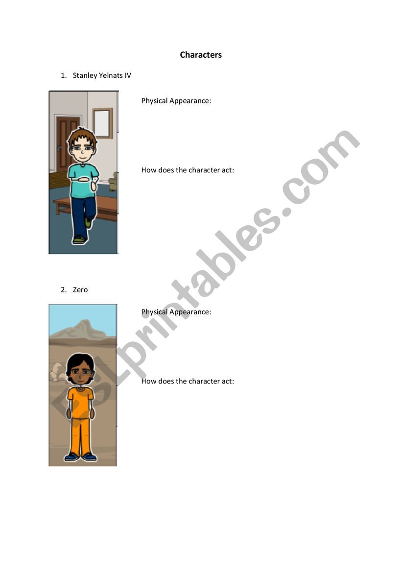 Holes Character Analysis worksheet