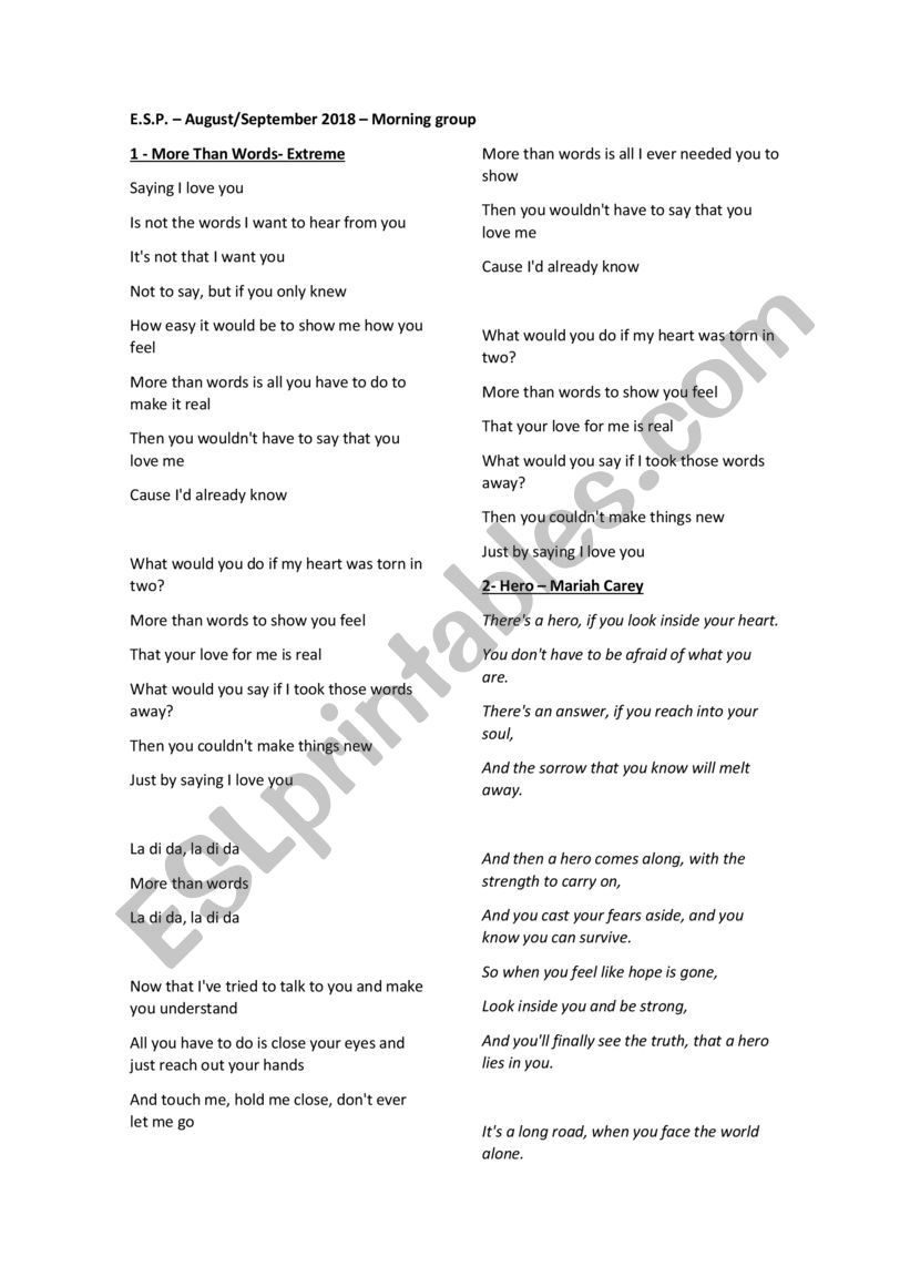 Learning through songs worksheet