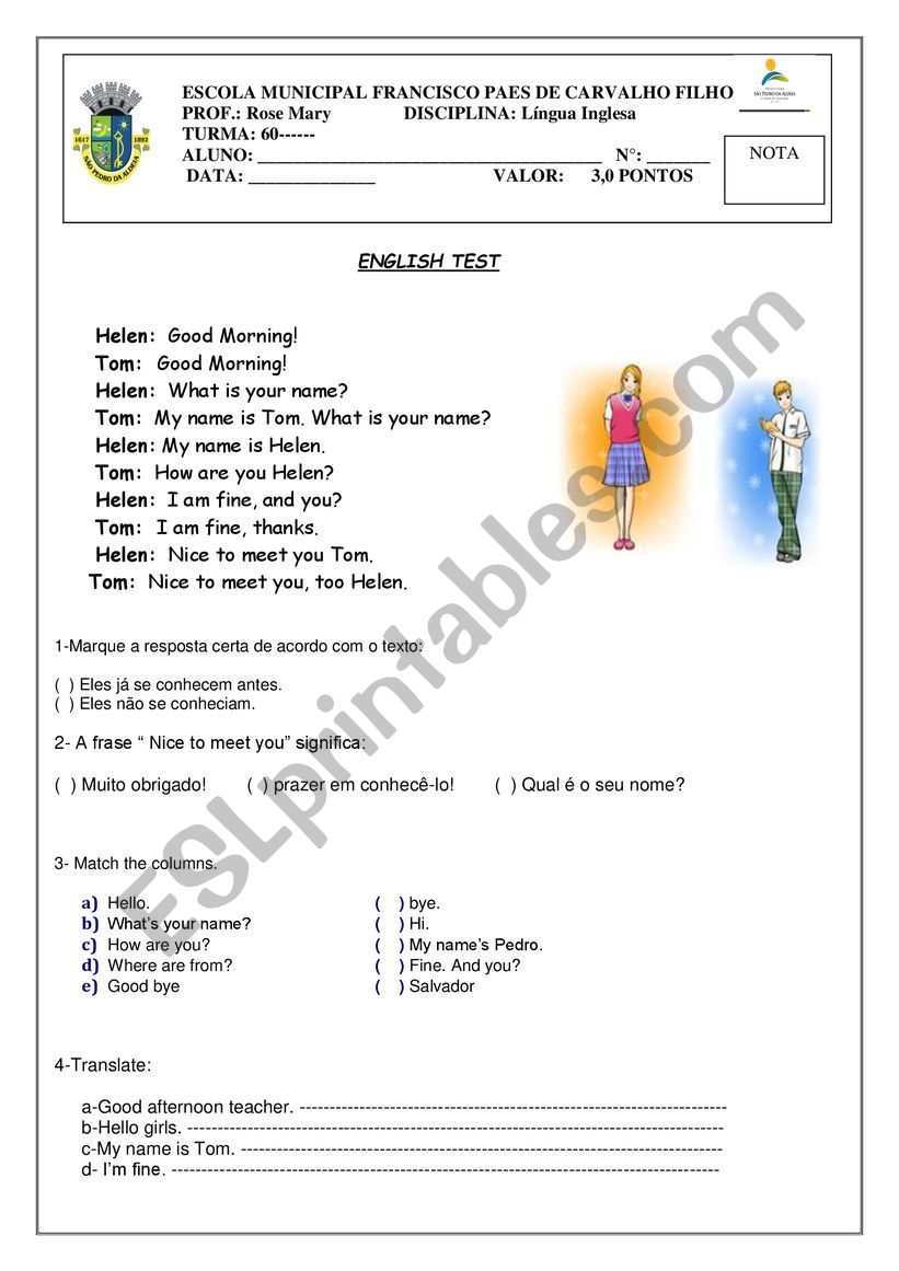 Test- personal Pronouns, Greetings and Colours