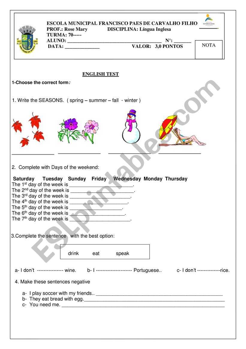 Test - Seasons, Days and Body parts