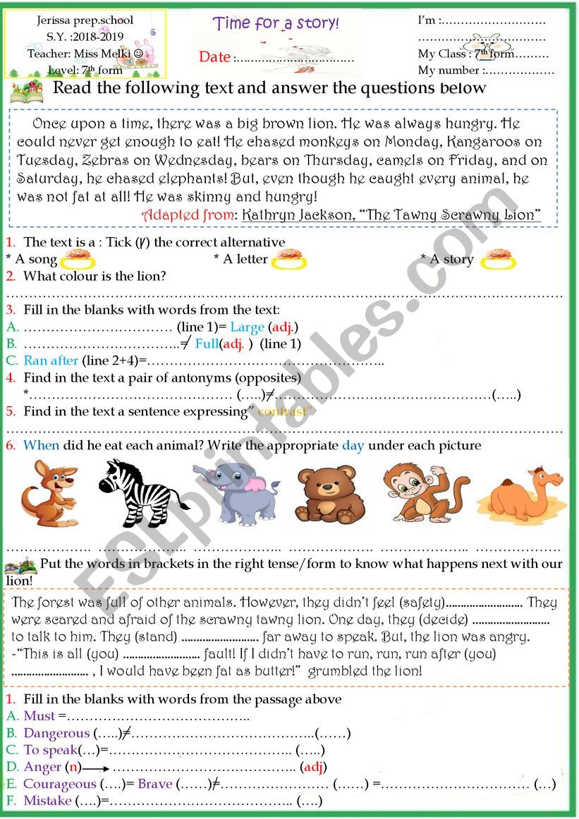 remedial work 7th form the tawny scrawny lion story