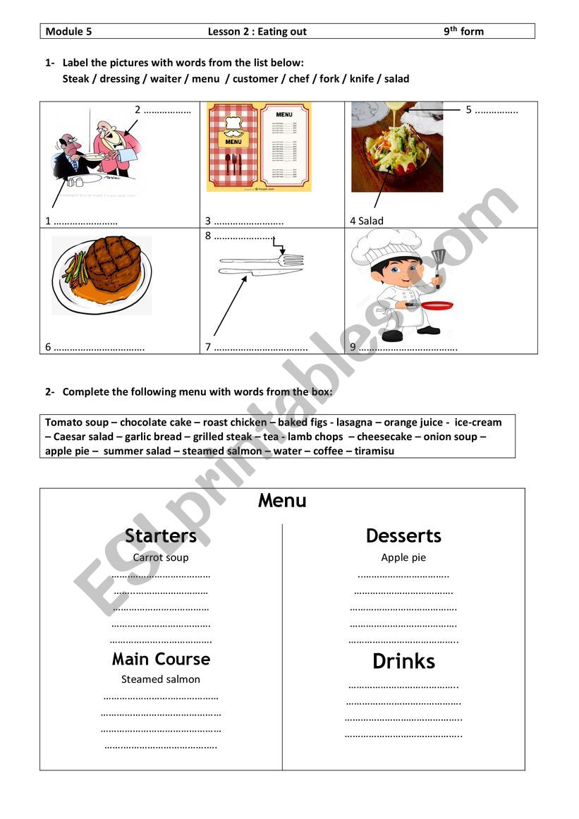 Eating out worksheet