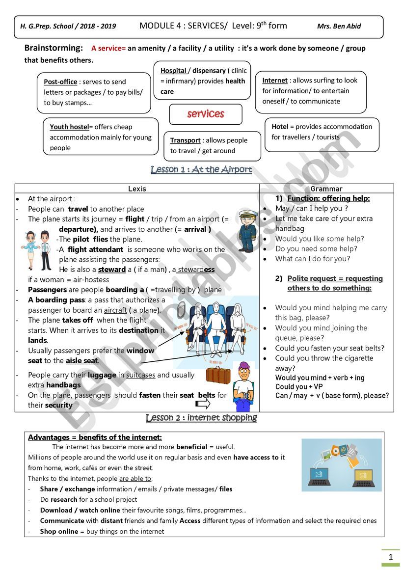 Services: Module 4  9th form worksheet