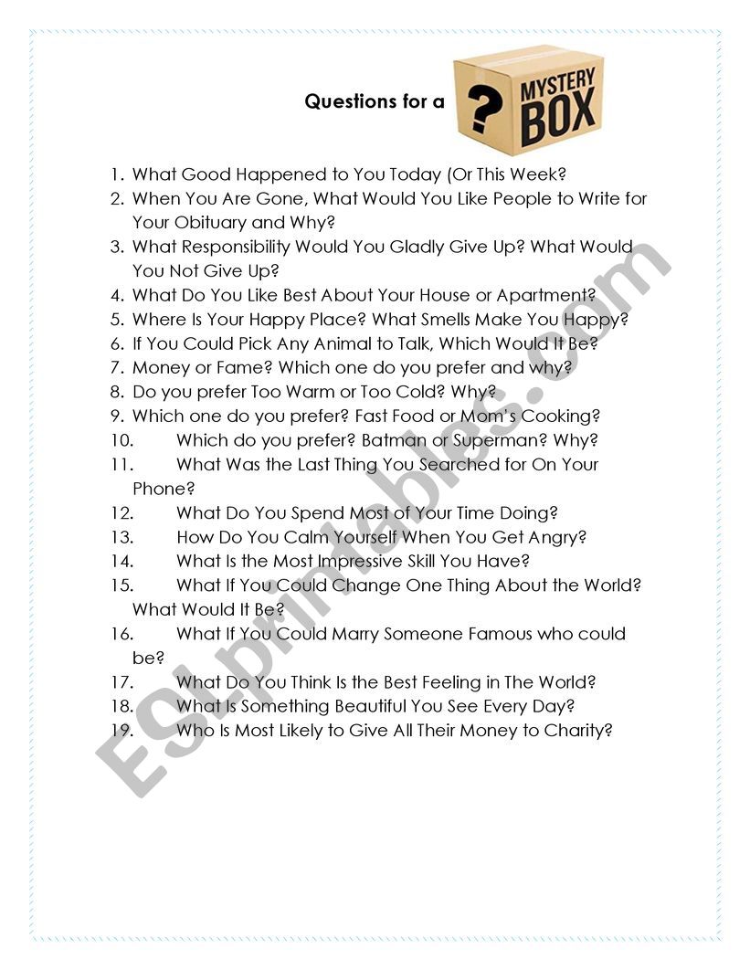 Questions for a mistery box worksheet