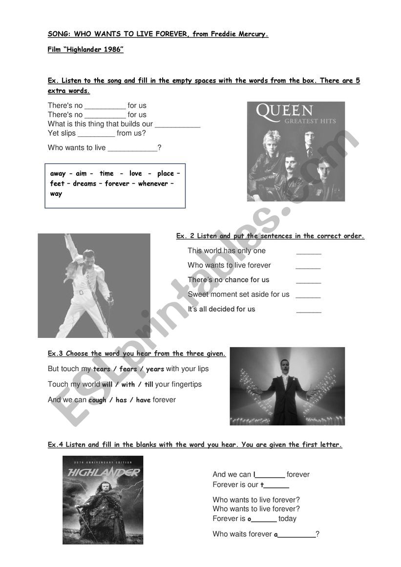 LISTENING WORKSHEET song Who wants to live forever, QUEEN