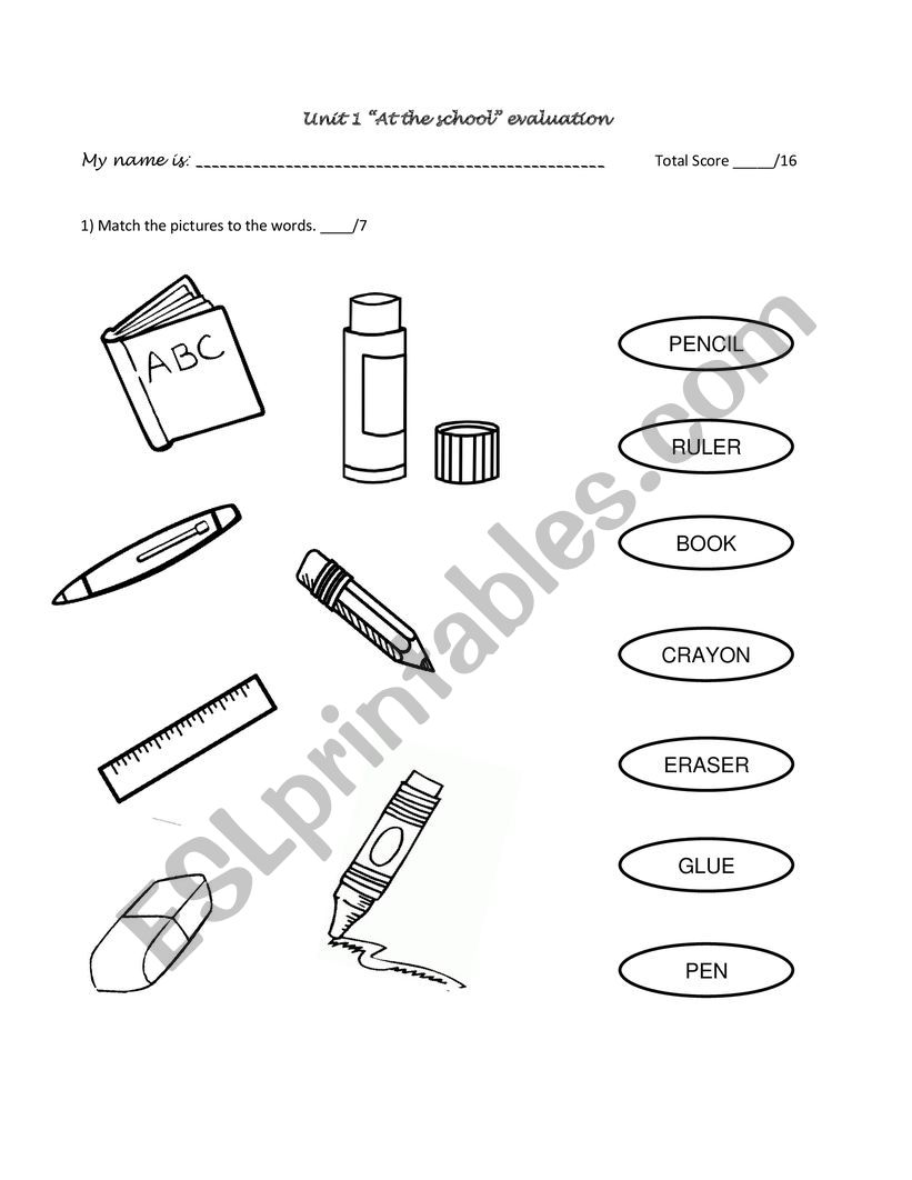 School Supplies Test worksheet