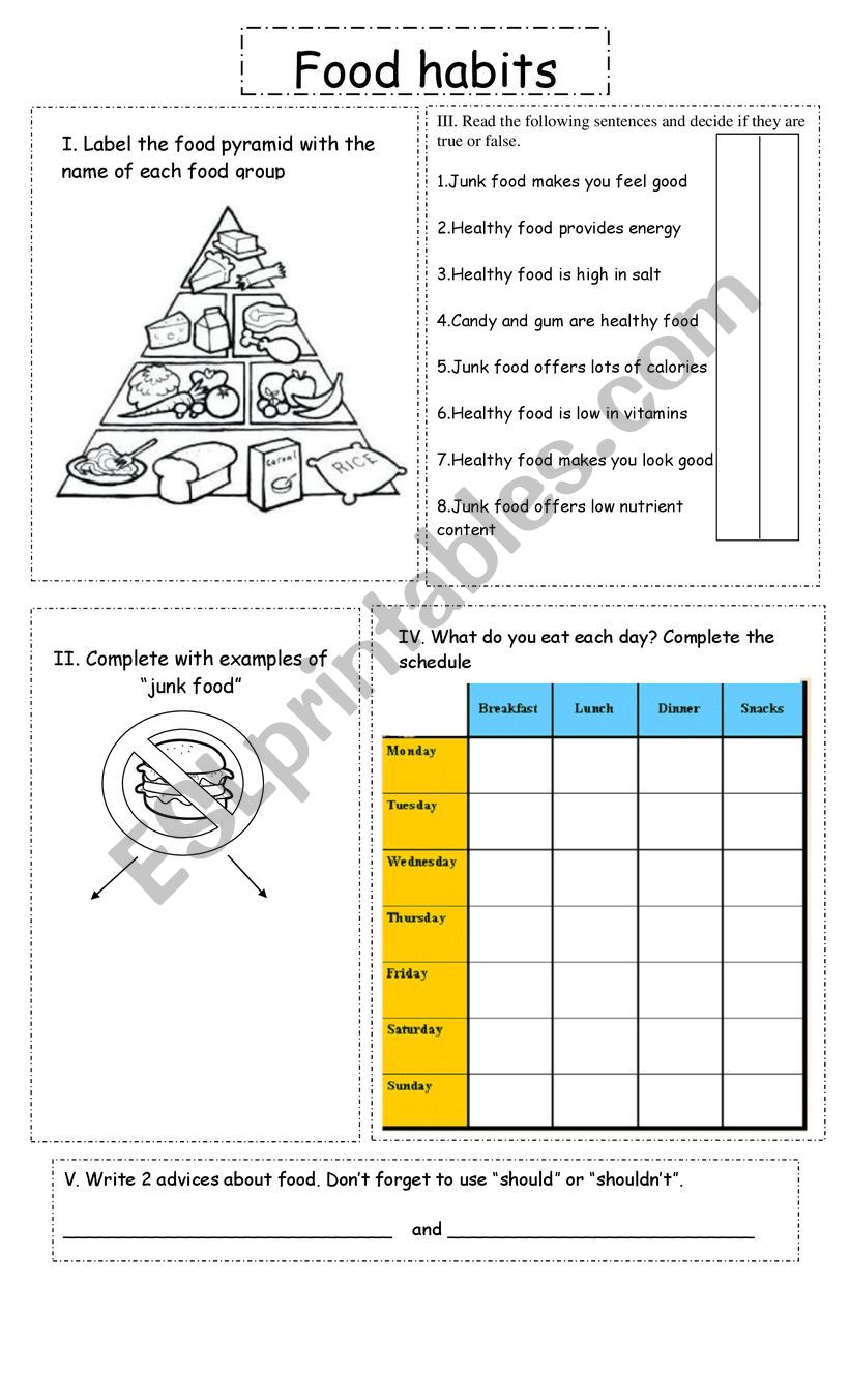 Food and health worksheet