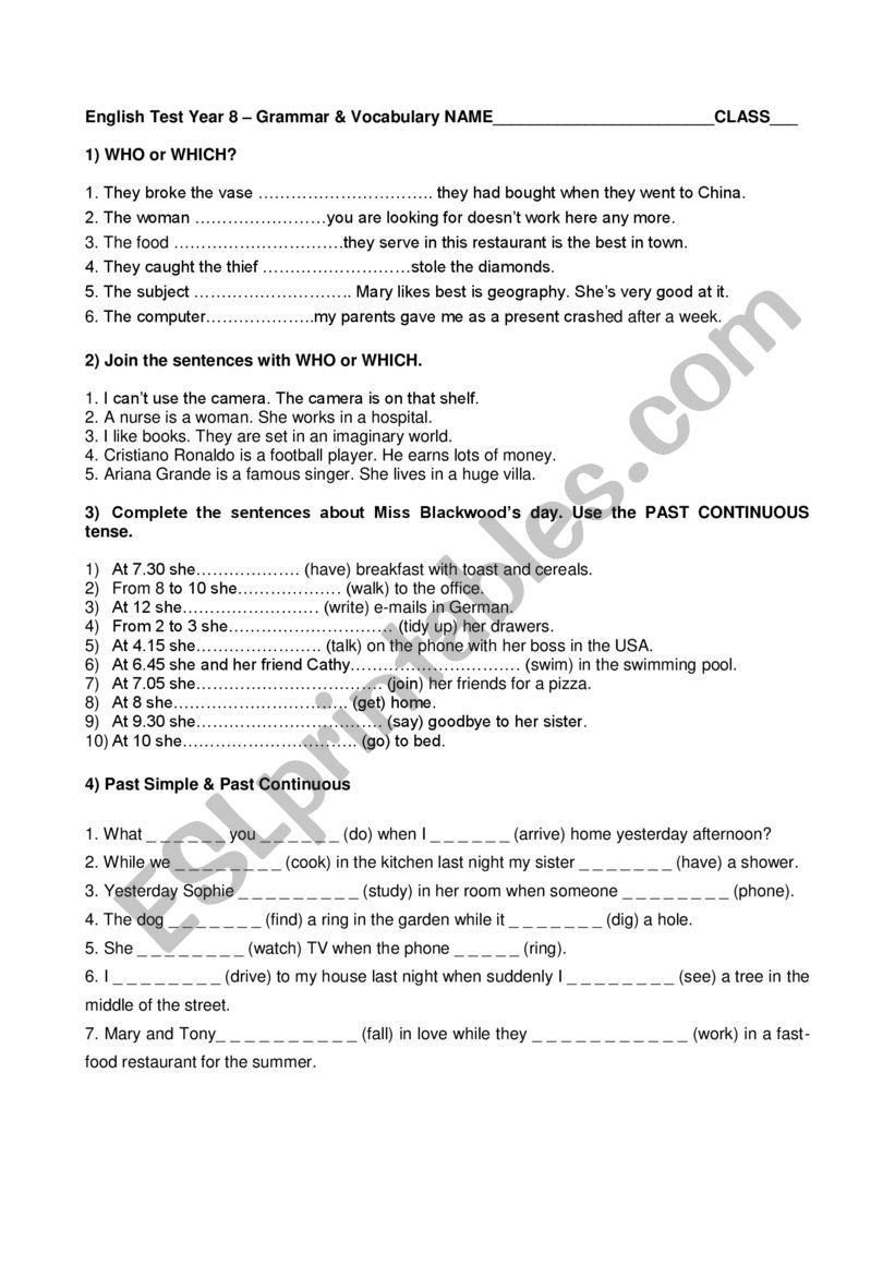 grammar test worksheet