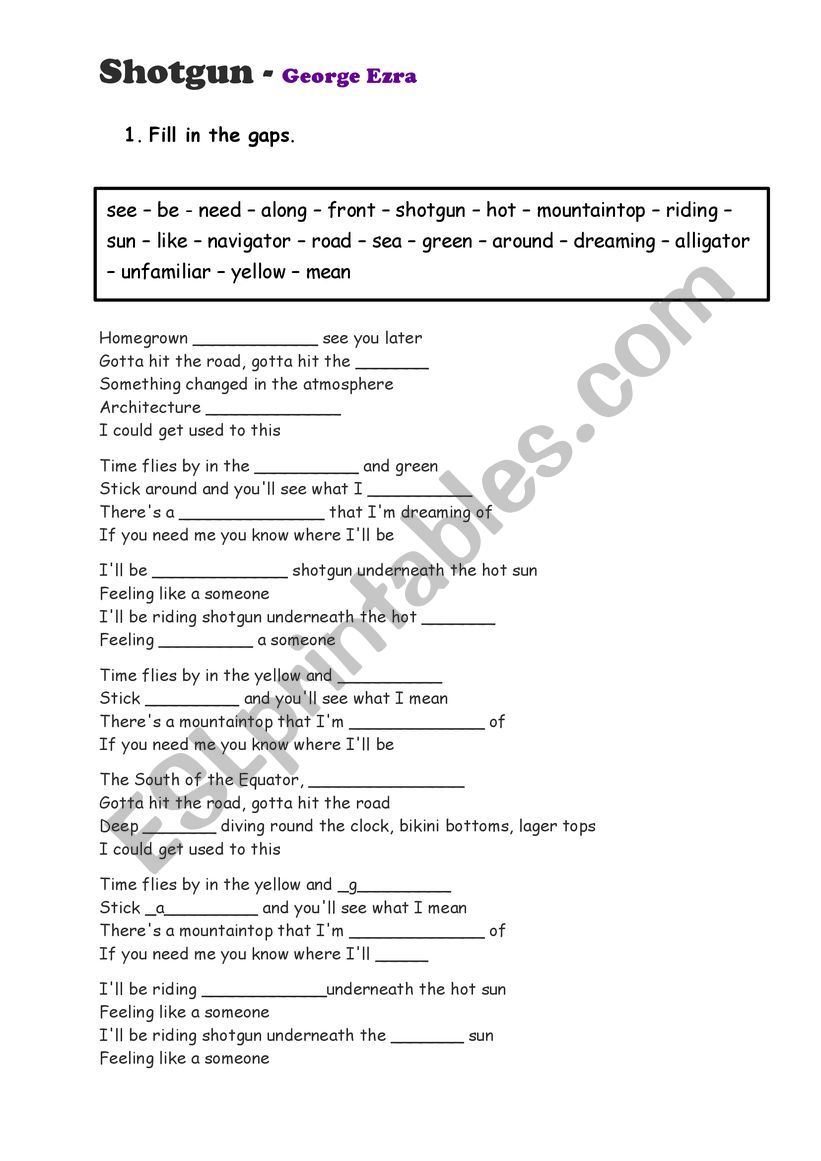 SHOTGUN worksheet