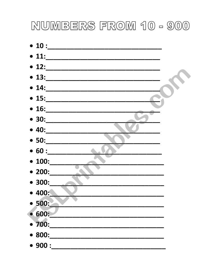 NUMBERS FROM 10 TO 900 worksheet