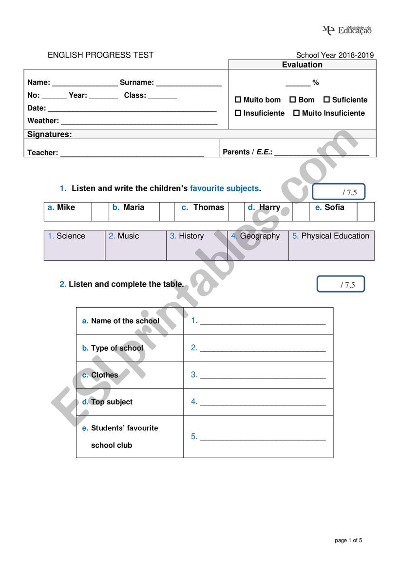 test 7th grade - school worksheet