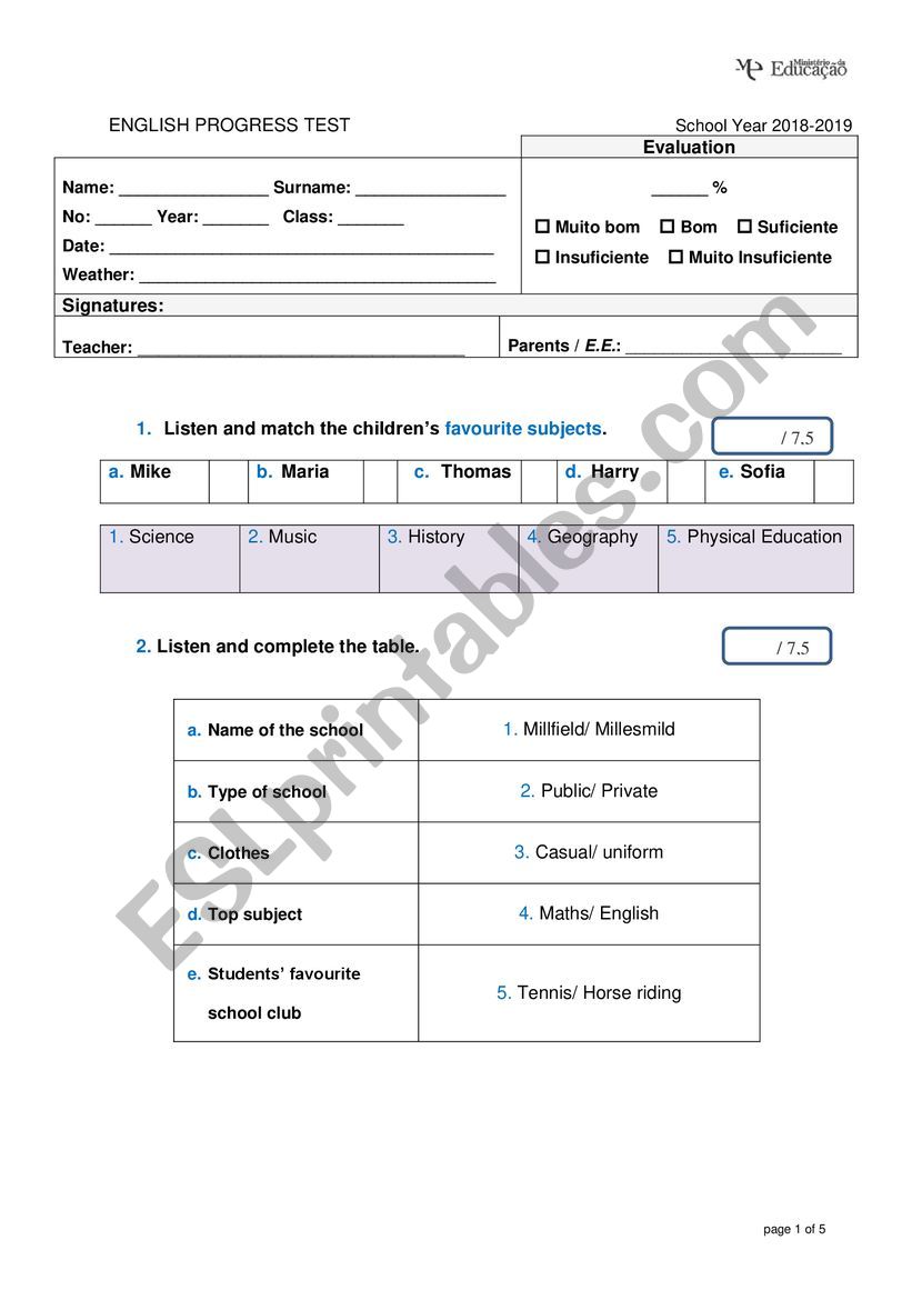 test 7th grade - school - Special Needs