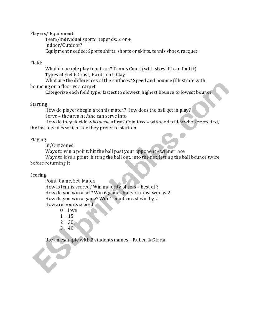 Sports - Tennis Script worksheet