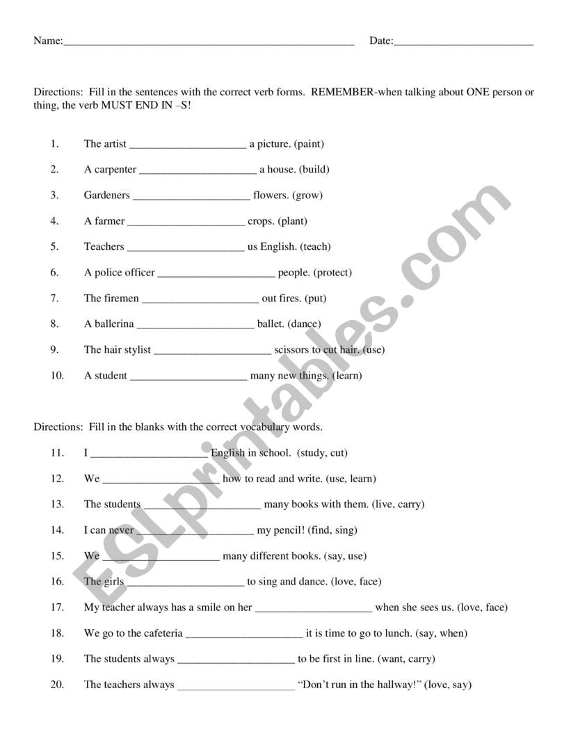 Verb Tenses - Present Tense - Exercise 11 - Simple Present Tense