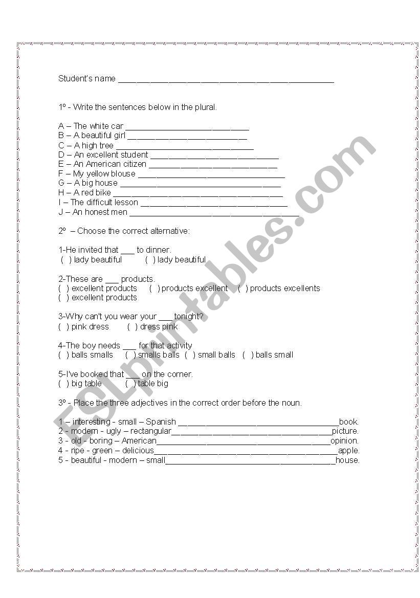 Adjective order worksheet