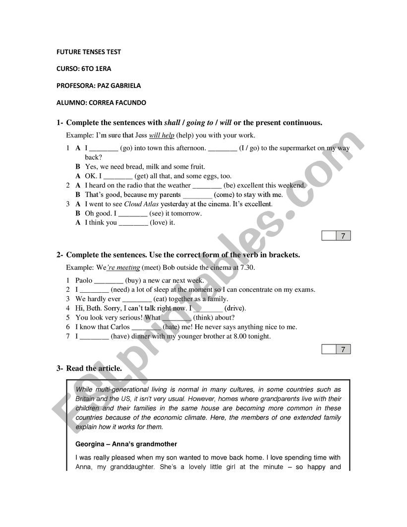 future tenses test worksheet