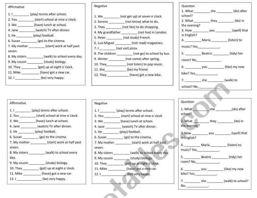 Present Simple Revision in groups