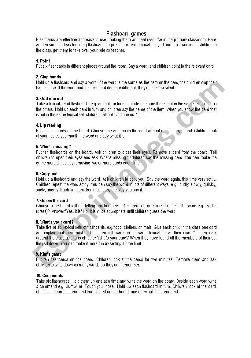 some flashcard games worksheet