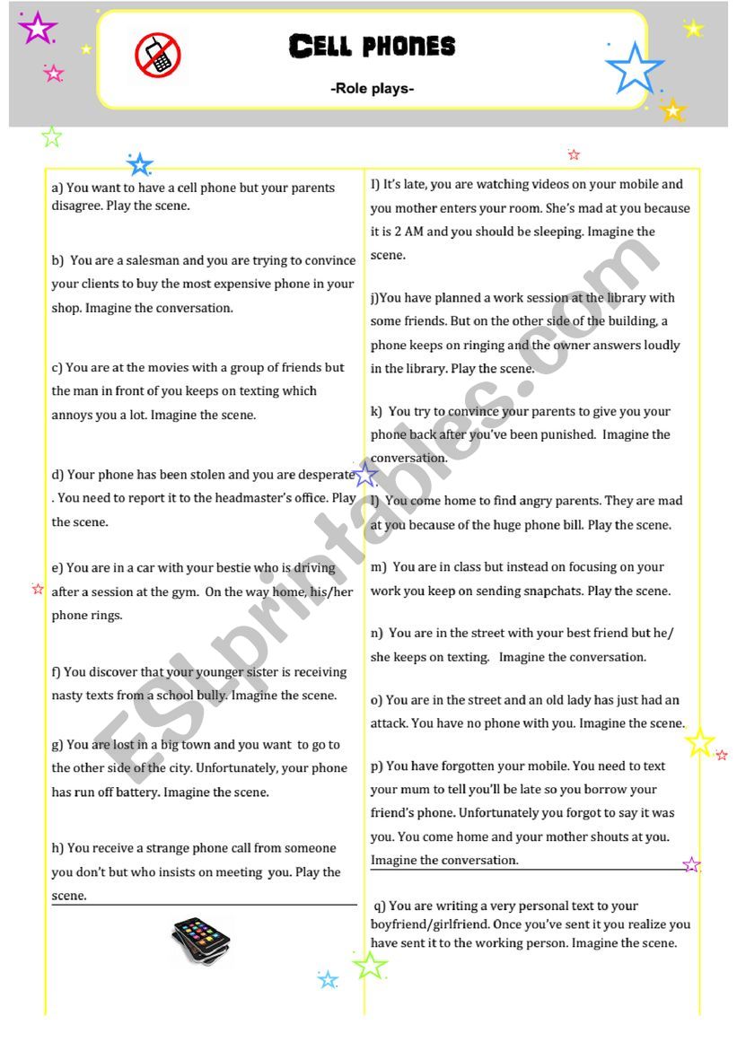 Cell phones role plays worksheet
